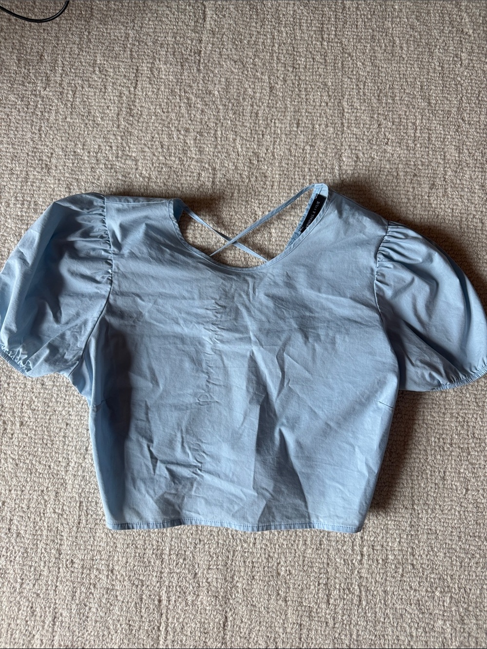Kendall & Kylie Sky Blue Puff Sleeve Crop Top with Cross-Back